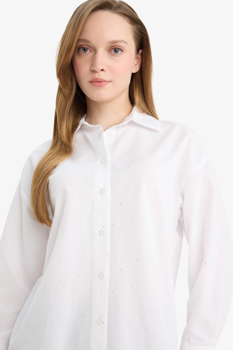 DeFacto White Woman Relax Fit Poplin Shirt Collar Long Sleeve Tunic Casual - Image 3